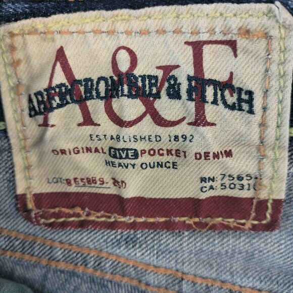 Abercrombie Fitch Mens Low Rise Boot Cut Jeans Size 33x34 Blue denim Distressed - Picture 12 of 16